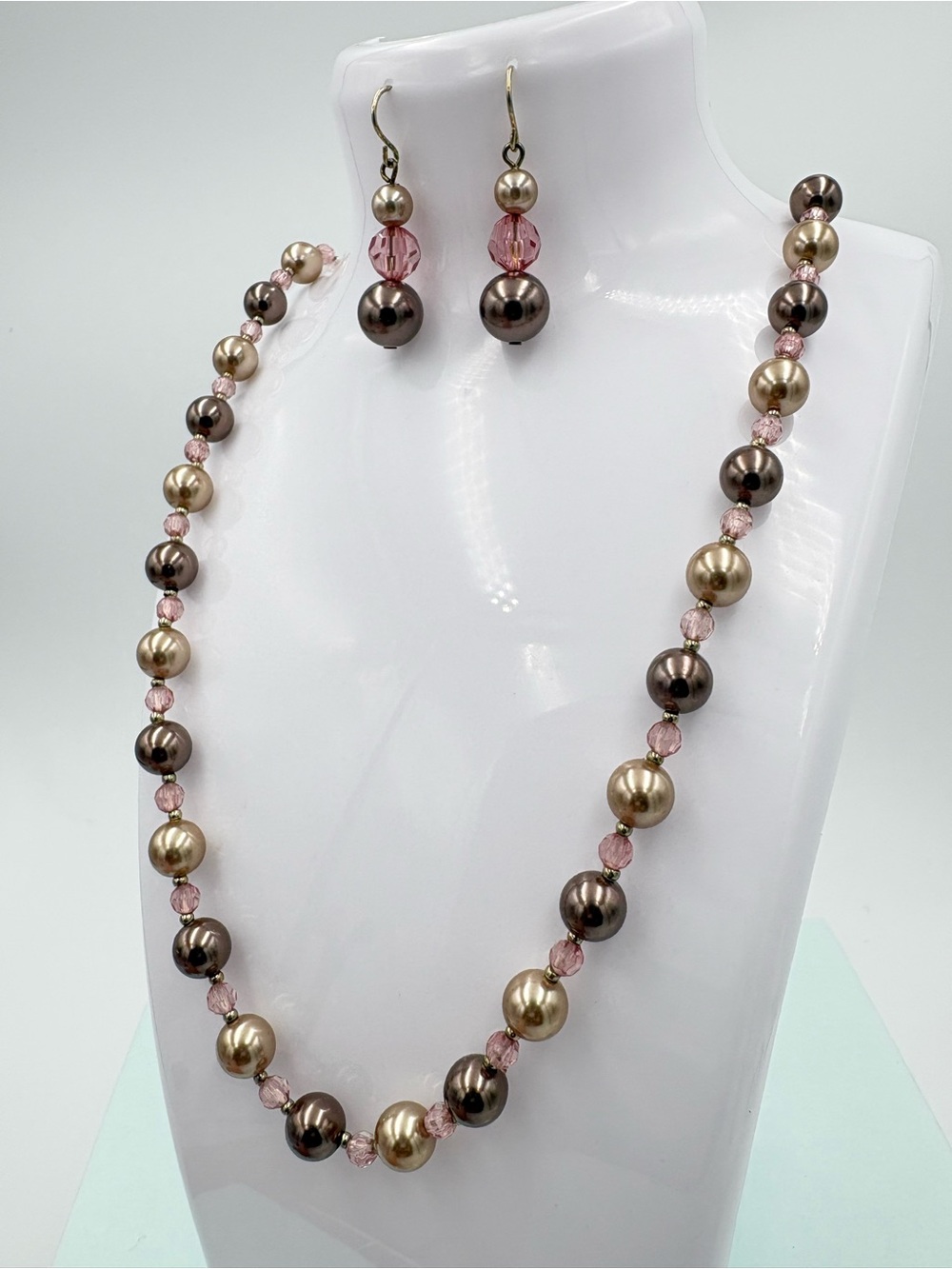 Vintage RMN 24” Faux Pearl Bead Necklace & Earrings Set - Pink and Champagne